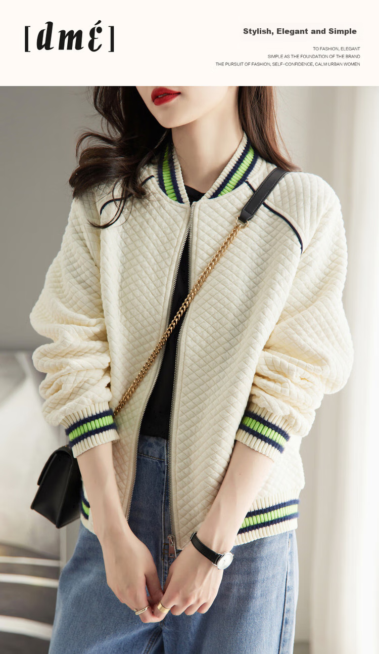 Dme Knitted Chanel-Style Spring And Autumn Baseball Collar Long-Sleeve Zipper Slightly Stretchy Quilted Jacket for Women, Short Style, Off-White, M 1
