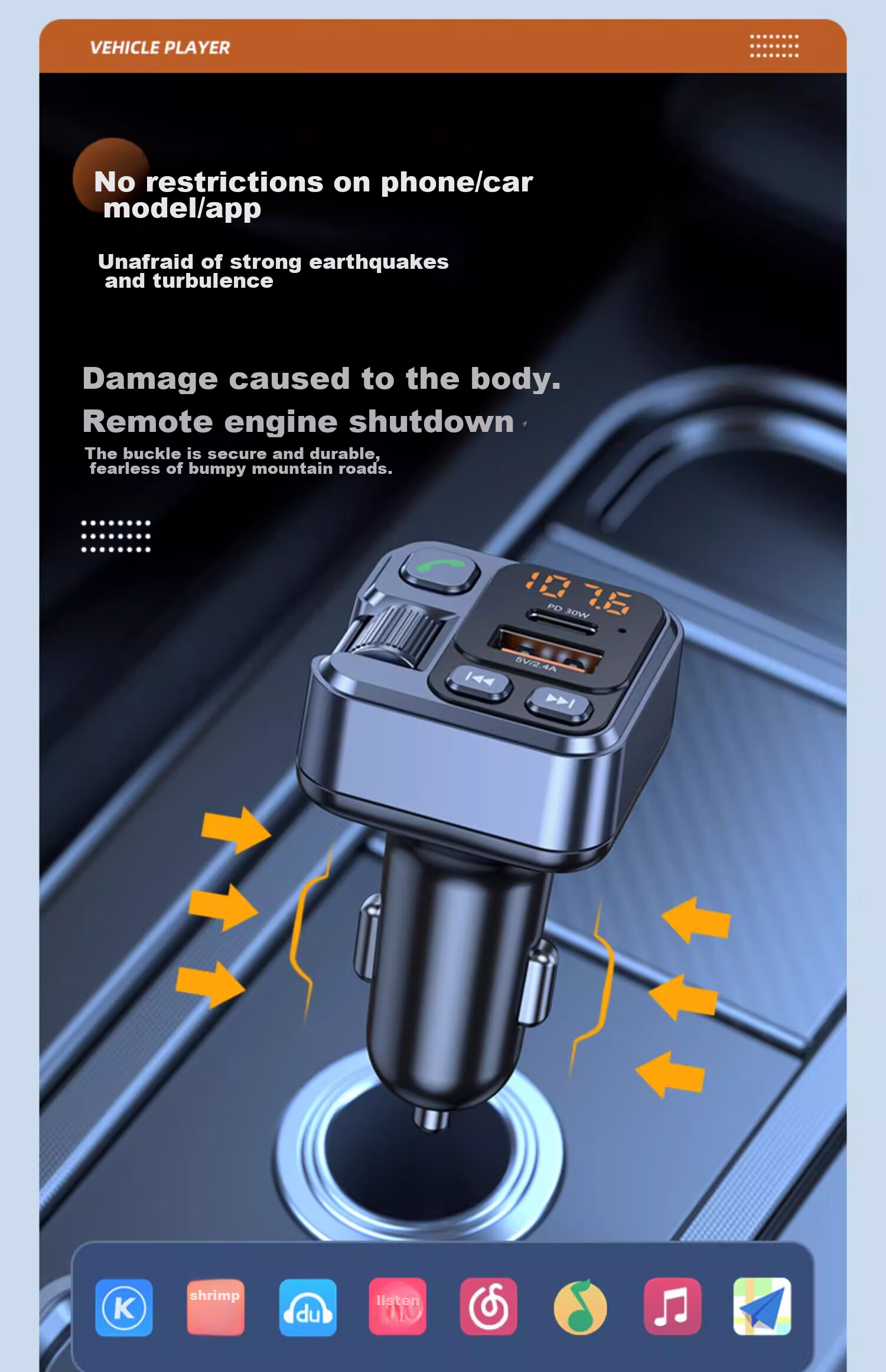 Beiteng Car MP3 FM Transmitter PD30W Fast Charging 2.4A, Bluetooth Hands-Free AUX Play, Car Charger T16 + Data Cable 24