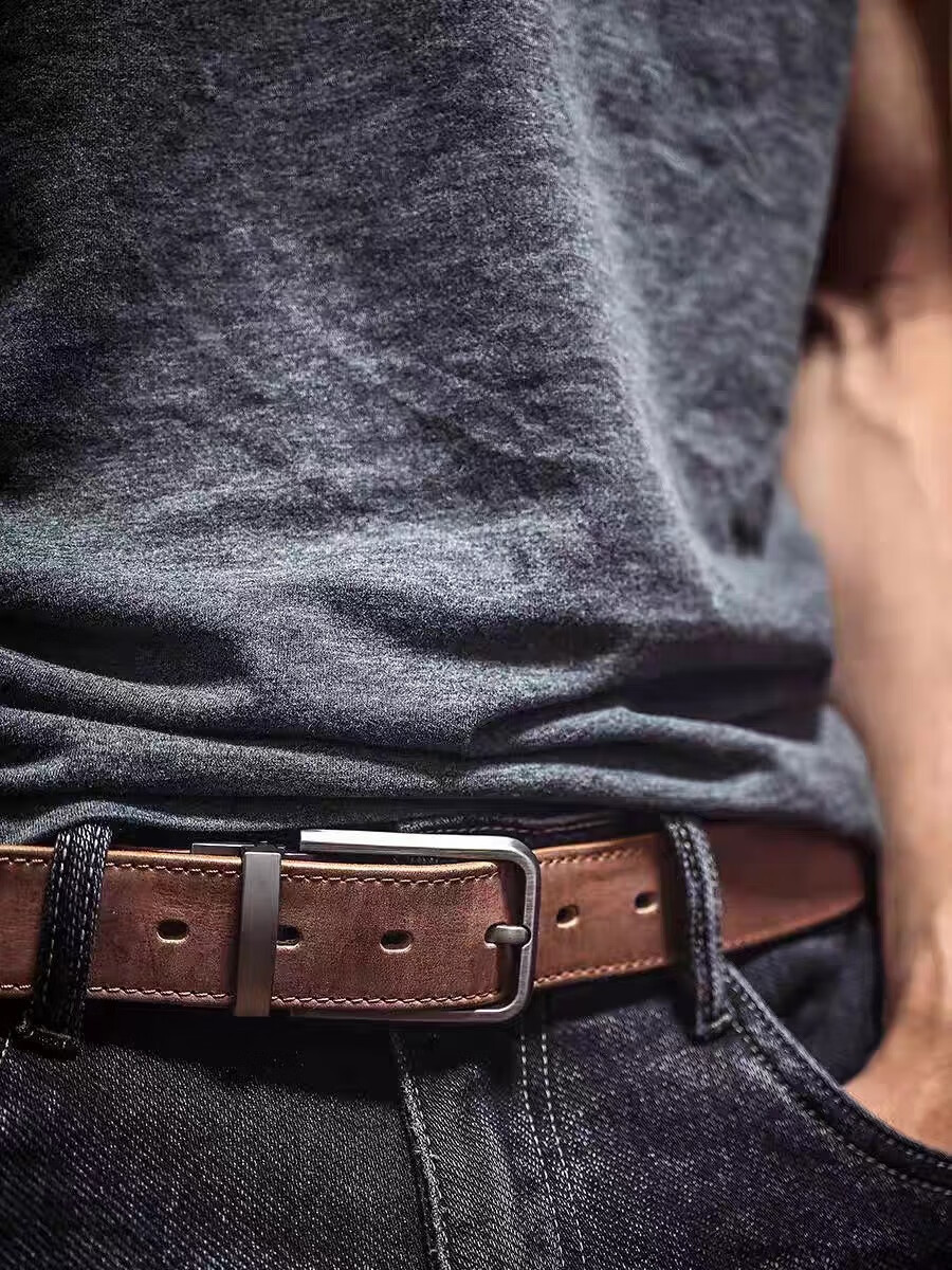 HALFEEL Men's Belt, Handmade Durable Leather Belt, Vintage Wear-Resistant Cowhide Pin Buckle, Trendy Genuine Leather Trouser Belt, Father's Day Gift 1