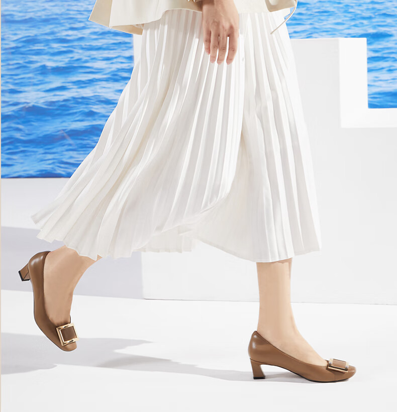 COMELY Women's Single Shoes, Spring New Style, Square Buckle Genuine Leather Versatile Chunky Heel Elegant Patent Leather Commuter High Heels, Milk Tea Color, Size 39 14