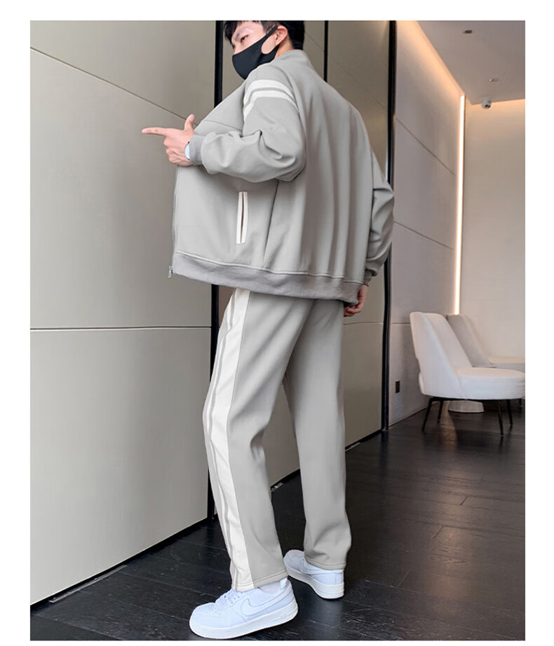 PLAYBOY Men's Casual Loose Outdoor Sports Running Two-Piece Set, Stand-Up Collar Long-Sleeve Menswear, Apricot Color, XL 23