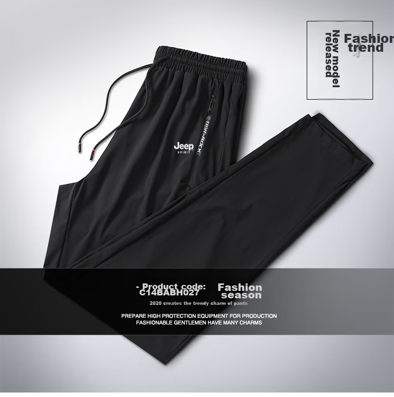 JEEP SPIRIT Casual Pants, Summer Ice Silk Quick-Dry Breathable Lightweight Outdoor Sports Trousers, Black Straight-Leg XL 10