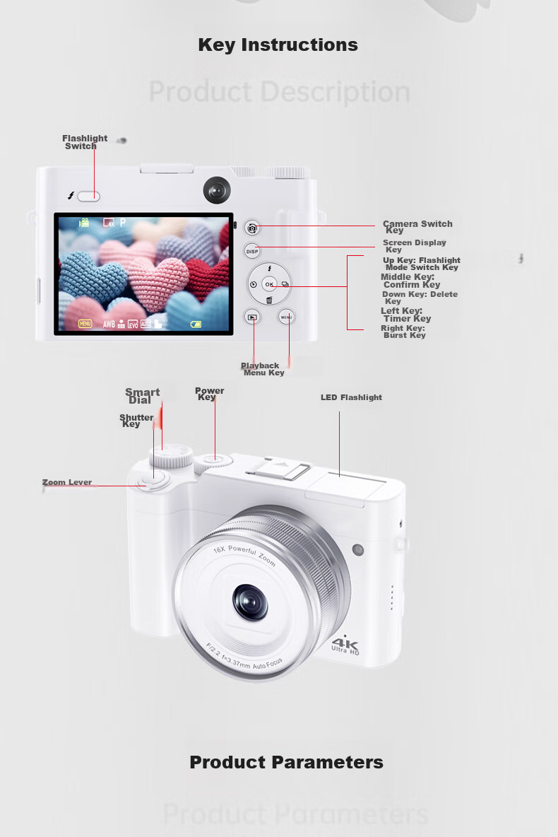 SONGDIAN Digital Camera with Dual Front And Rear Sensors, 4K High-Definition Mirrorless Camera for Vlogging, Portable, Entry-Level Student Camera DC218 White + Wide-Angle Lens 256GB Memory 16