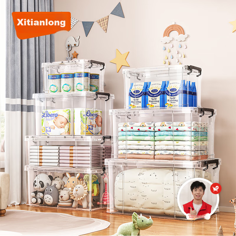 Xitianlong Right-Angled Storage Box, Thickened Plastic Clothes And Toy Moving Organizer Box, Extra Large Size, 45L Transparent, Set of 3