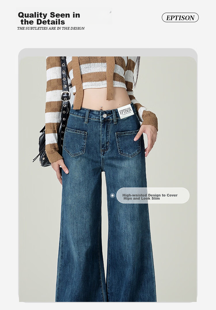 Yipintiancheng Retro Washed Denim Jeans for Women, Versatile Slimming Wide-Leg Pants for Fall 2025, Loose-Fitting Floor-Length Trousers 4