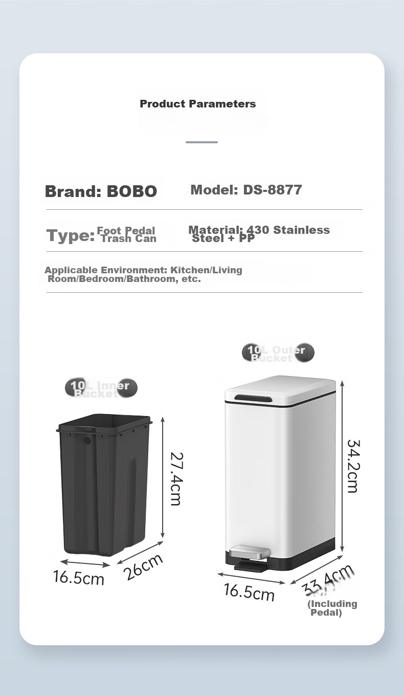 BOBO Stainless Steel Trash Can, 10L Titanium Gray, Narrow Gap Foot Pedal Toilet for Bathroom, Living Room And Kitchen, Model 8877 11
