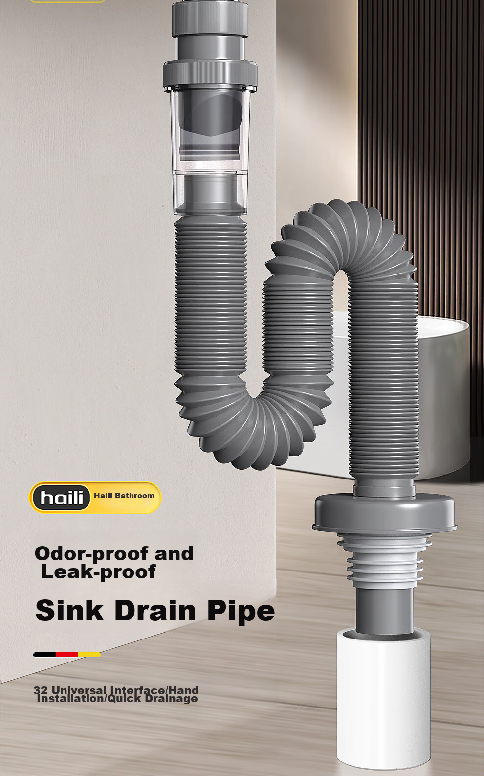 Haili Sink Drain Pipe, Anti-Odor Basin Drain, Flexible Hose Wall Drainage Pipe, ABS Material, 73318Q 2