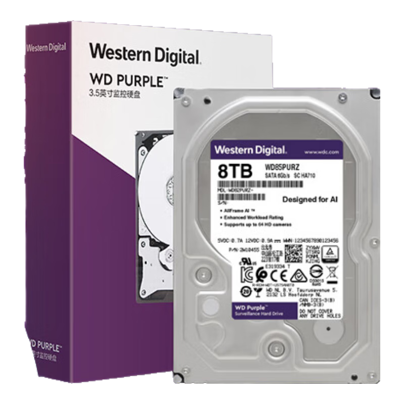 Western Digital (WD) 8TB Surveillance-Grade Mechanical Hard Drive, WD Purple, SATA, 256MB CMR Vertical, Security Storage, 3.5-Inch, WD85PURZ