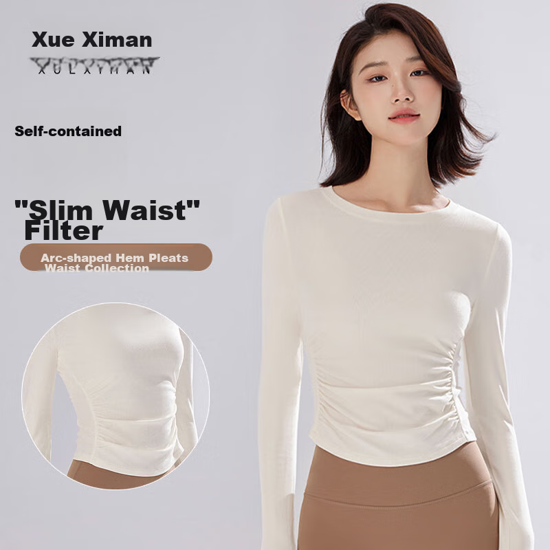 XUEXIMAN Yoga Top for Women, Long Sleeve T-Shirt, Autumn And Winter New Style, Pleated Slimming, Running Fitness Sports Quick-Dry Top