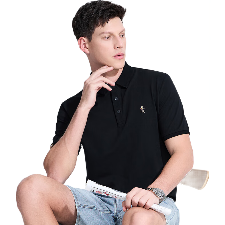 DANCING WOLVES [Pure Cotton & Sweat-Wicking], Summer Skin-Friendly Comfortable Short-Sleeve Men's Polo Shirt, 001 Black, Size 185