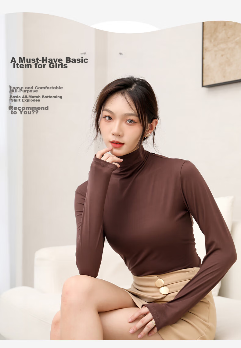 XUEXIMAN Women's Base Layer, Autumn And Winter Semi-Turtleneck Undershirt, High-Elastic Slim-Fit, Slimming Inner Wear, Solid Color Versatile Long-Sleeve Undergarment 4