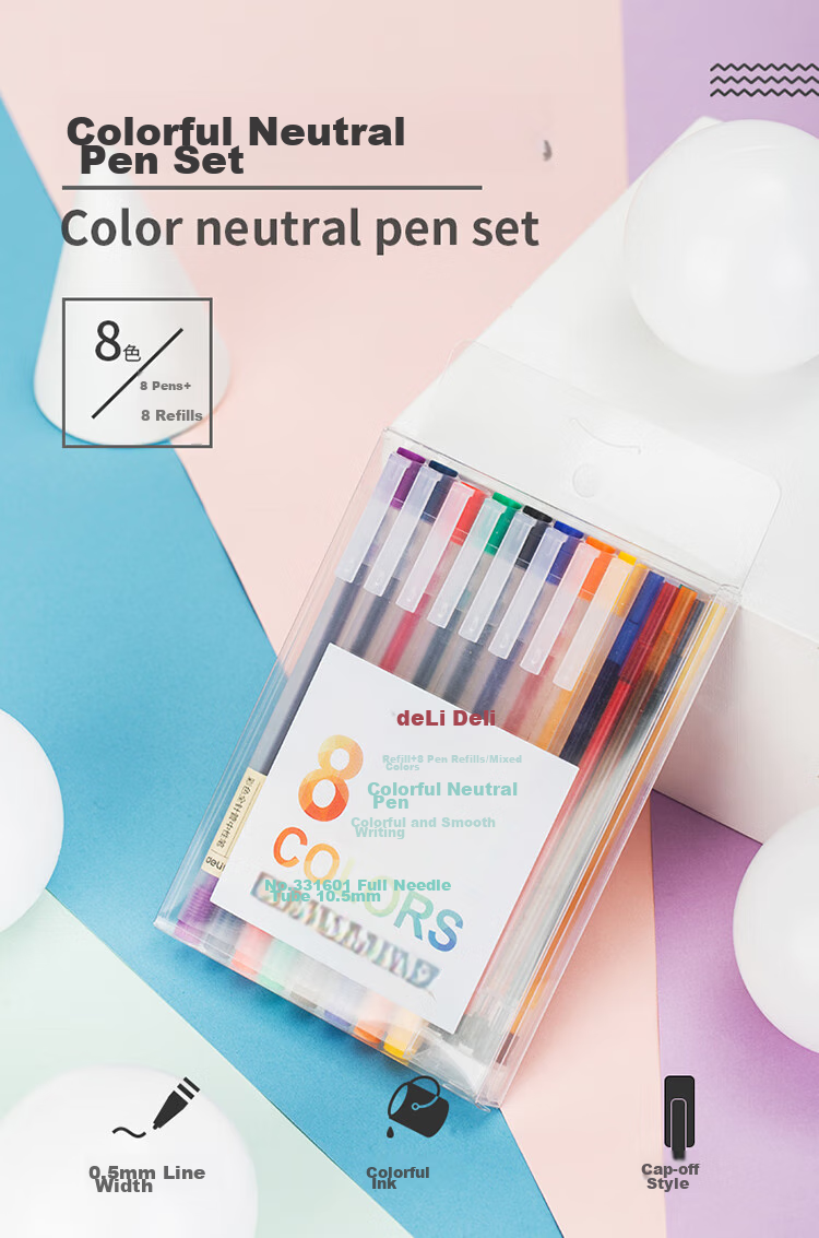 Deli Candy 8-Color Pull-Out Cap Colored Gel Pen Set, 0.5mm Full Needle Tube Signing Pens, Highlighters, Water-Based Pens for Journaling, 8 Pens + 8 Refills, 33160 1