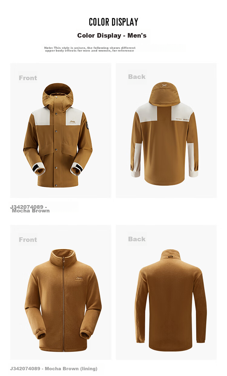 Jeep Men's And Women's Three-In Outdoor Hardshell Windproof Waterproof Mountaineering Jacket, Detachable Fleece-Lined Coat, Jungle Gree 33