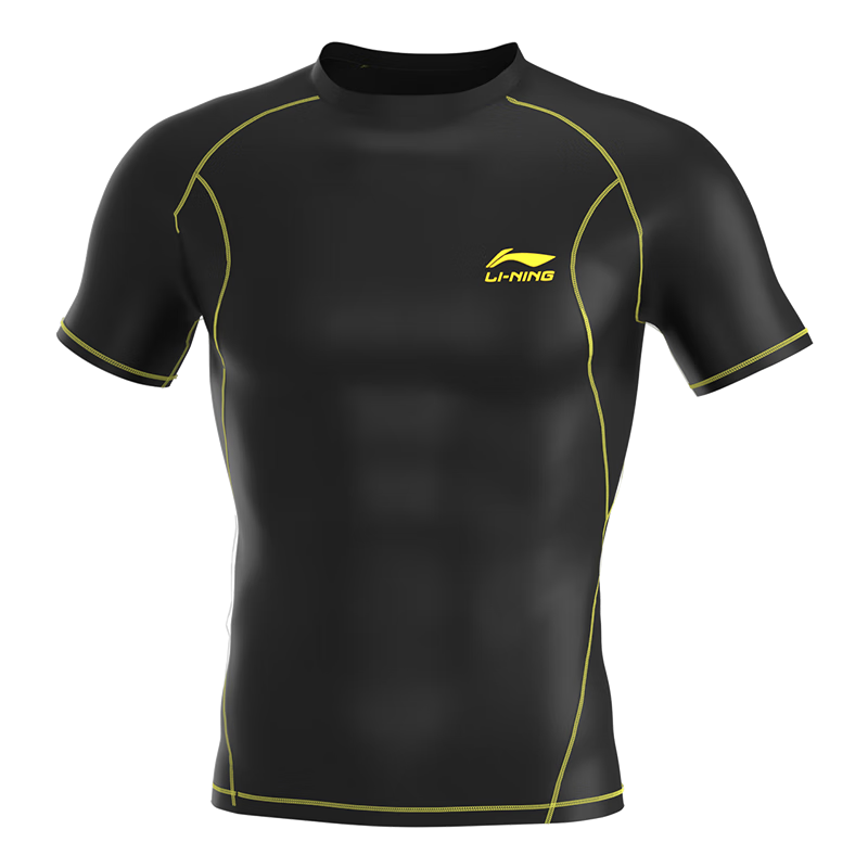 LI-NING Men's Swimwear Top Surfing Shirt Comfortable Quick-Dry Diving Professional Training Swimming Gear 433 Black Gold XXL