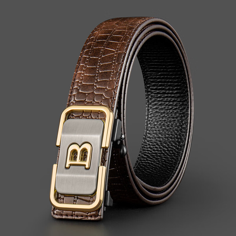COW Men's Automatic Buckle Leather Belt Gift Box, Business Casual Light Luxury Crocodile Pattern Trouser Belt, Gift 1002 Coffee Color