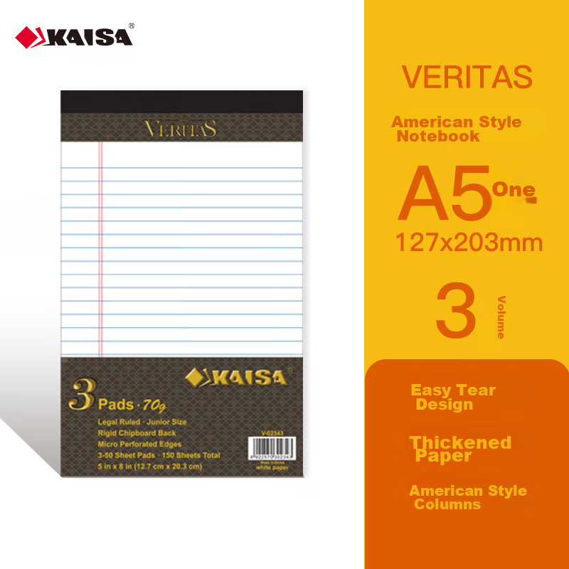 KAISA American-Style Notebook A5 Size, Thick Tear-Off Flip Notepad with Dividers for Vocabulary Practice, 50 Sheets, Pack of 3