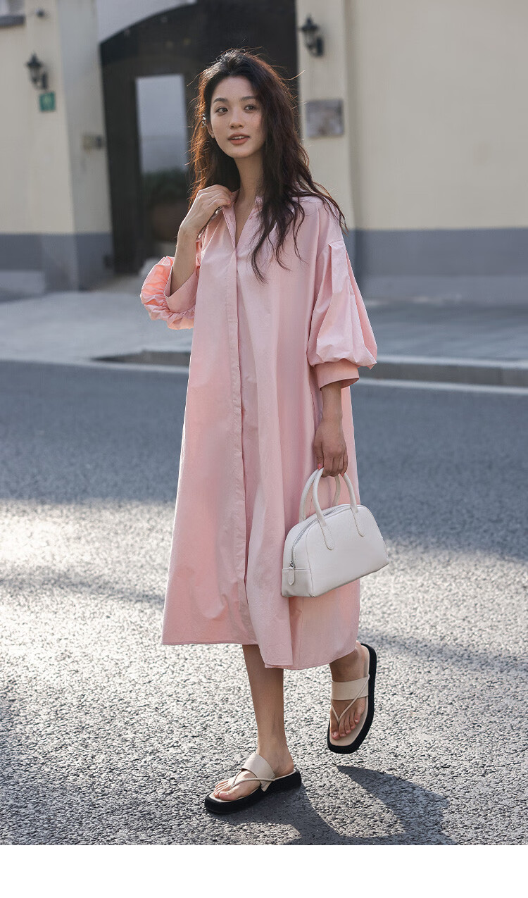 Dme [Pink Mid-Sleeve Dress], Summer Style, Soft Pink Round Neck, Puff Sleeves, Long Dress for Wome 7