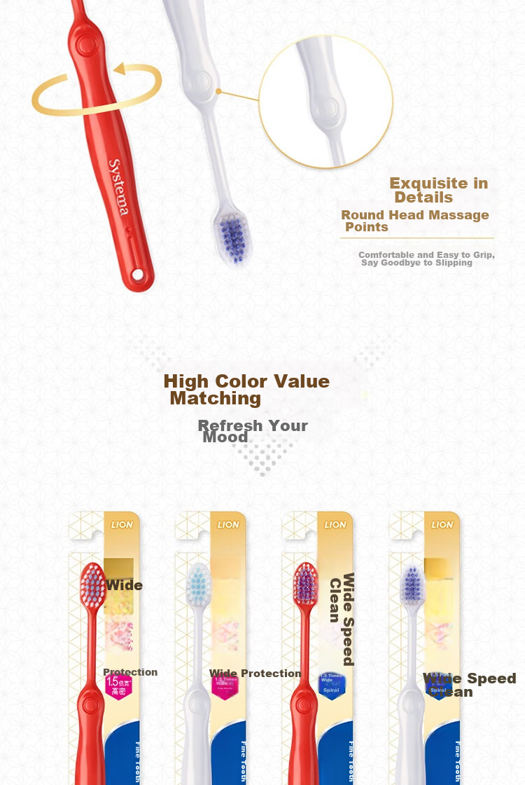 Lion Fine Bristle Wide Thin Tea Sensitive Protection, 2 Wide Heads Adult Toothbrush Soft Bristles Family Pack 14