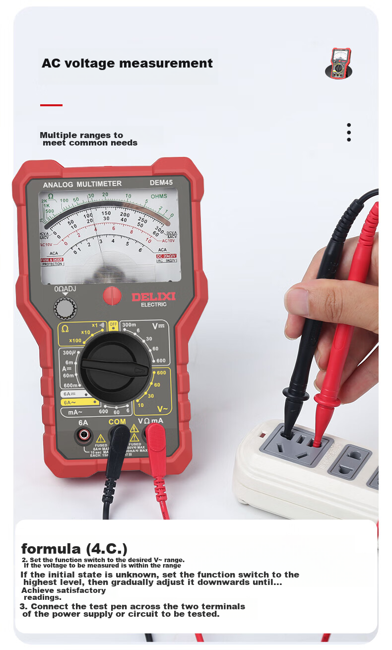DELIXI ELECTRIC Analog Multimeter, High-Precision, Intelligent Burn Protection, for Home And Electrical Use, Continuity Test, DEM45 8