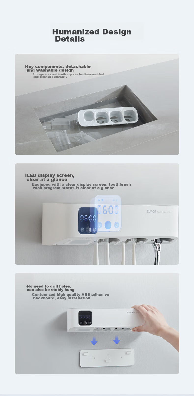 SUPOR Toothbrush Holder, Premium Sterilizer And Dryer, Smart UV Sterilizer, Wall-Mounted without Drilling, Mouthwash Cup S 14