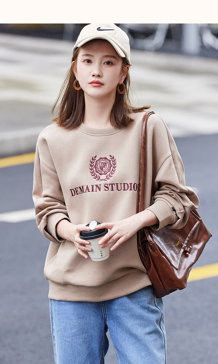 Dme Autumn And Winter New Commuter Round Neck Elastic Textured Letter Air Layer Sweatshirt Women's Top, Gray with Fleece Lining, Size S 18