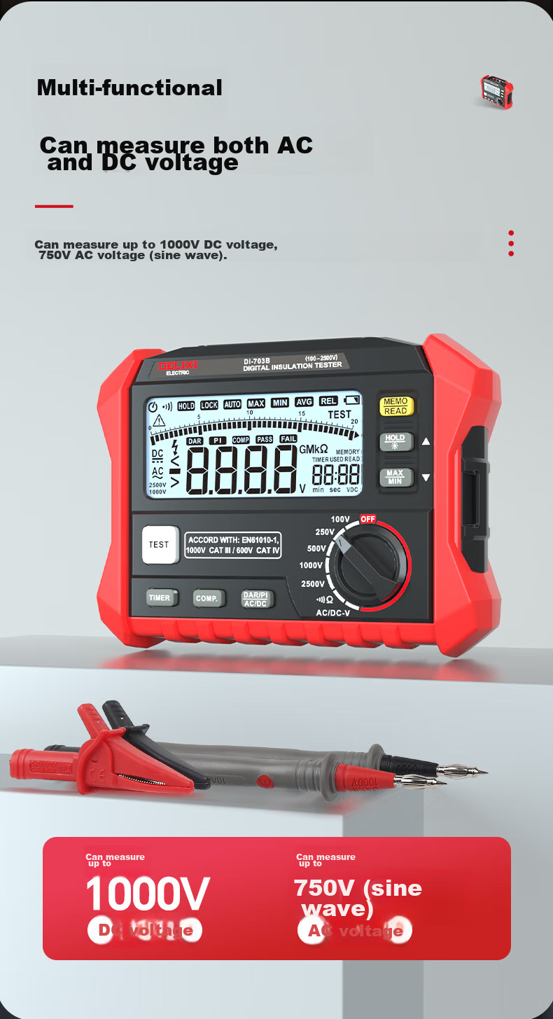 DELIXI ELECTRIC Digital Insulation Resistance Tester, Digital Megohmmeter, Electrical Insulation Meter, 703B 8