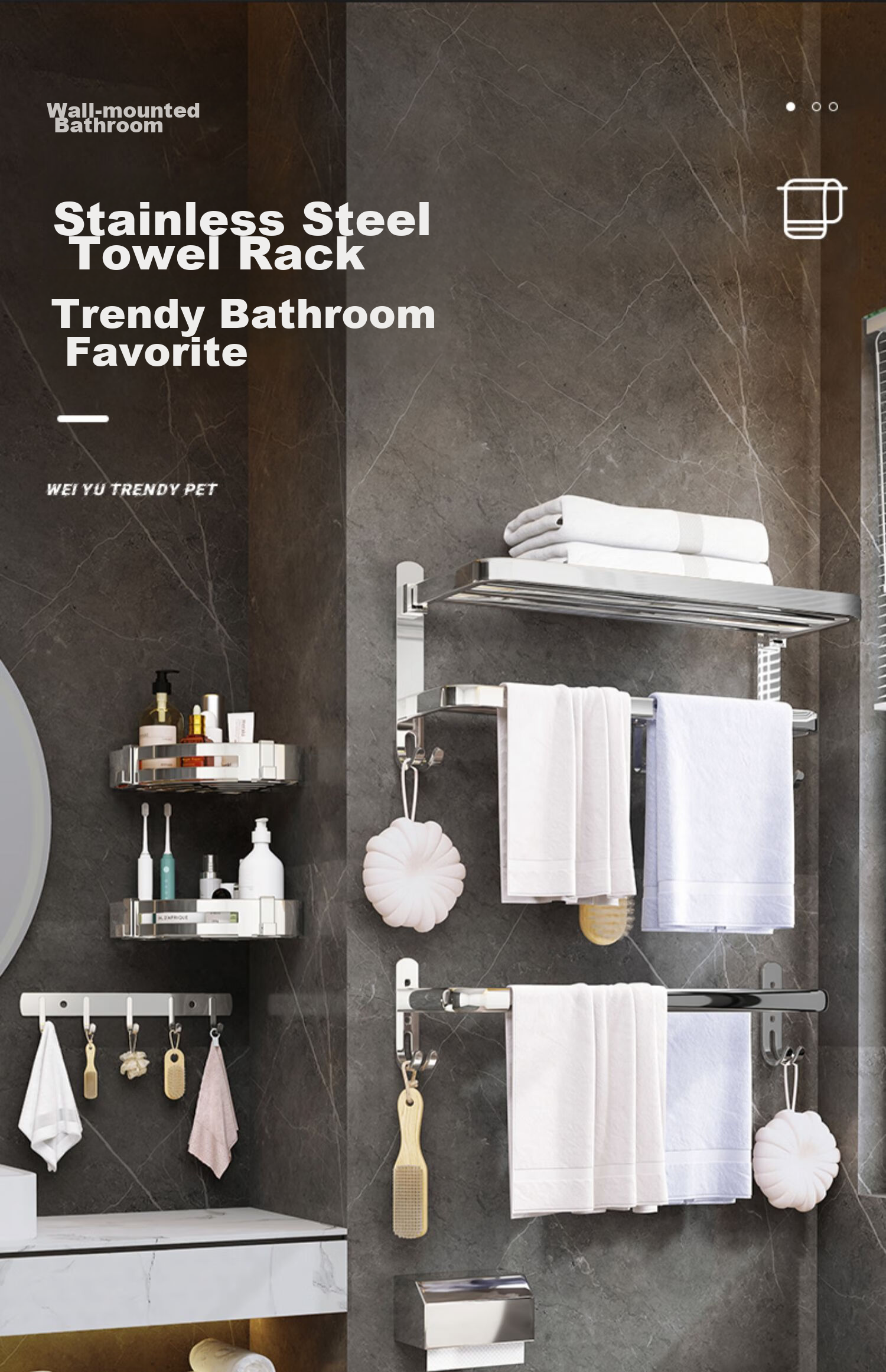 Shangmeide Suction Cup Towel Rack, No Drilling Required, Bathroom Storage Shelf, Toilet Organizer, Aluminum Alloy Single Rod 2