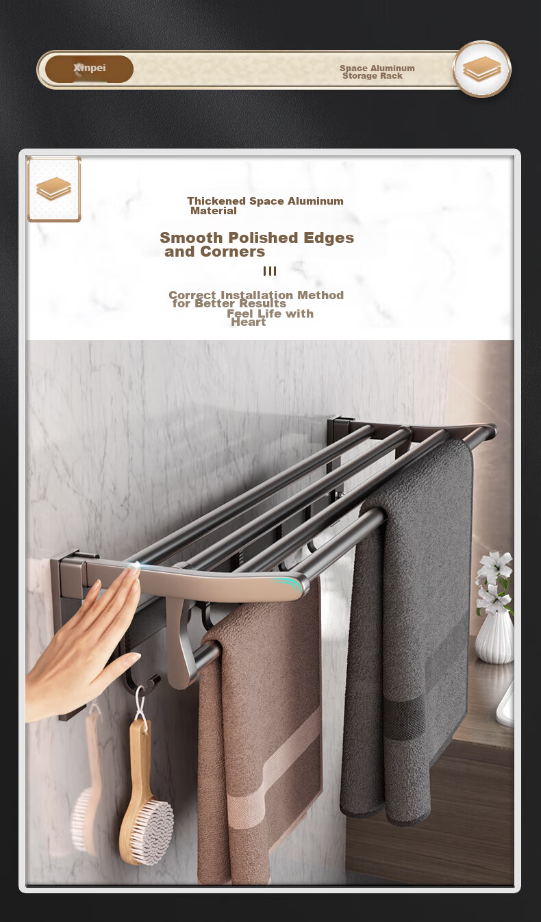 Xinpei Suction Cup Towel Rack, No Drilling Required, Bathroom Storage Shelf, Space Aluminum Foldable Wall-Mounted Rack, Toilet Nail-Free Washroom Organizer 6
