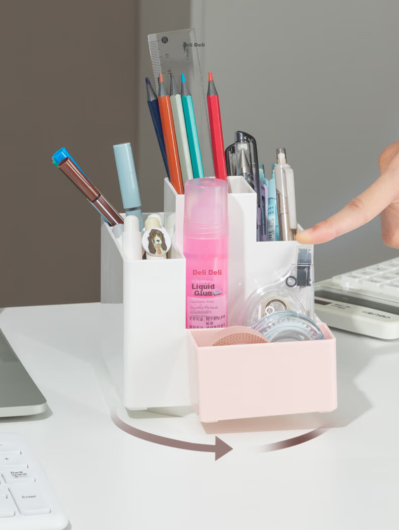 Deli Creative Rotating Pen Holder, Simple Multifunctional Pen Container for Children And Students, Office Desk Storage Box, Cosmetic Organizer, Blue PK200 8