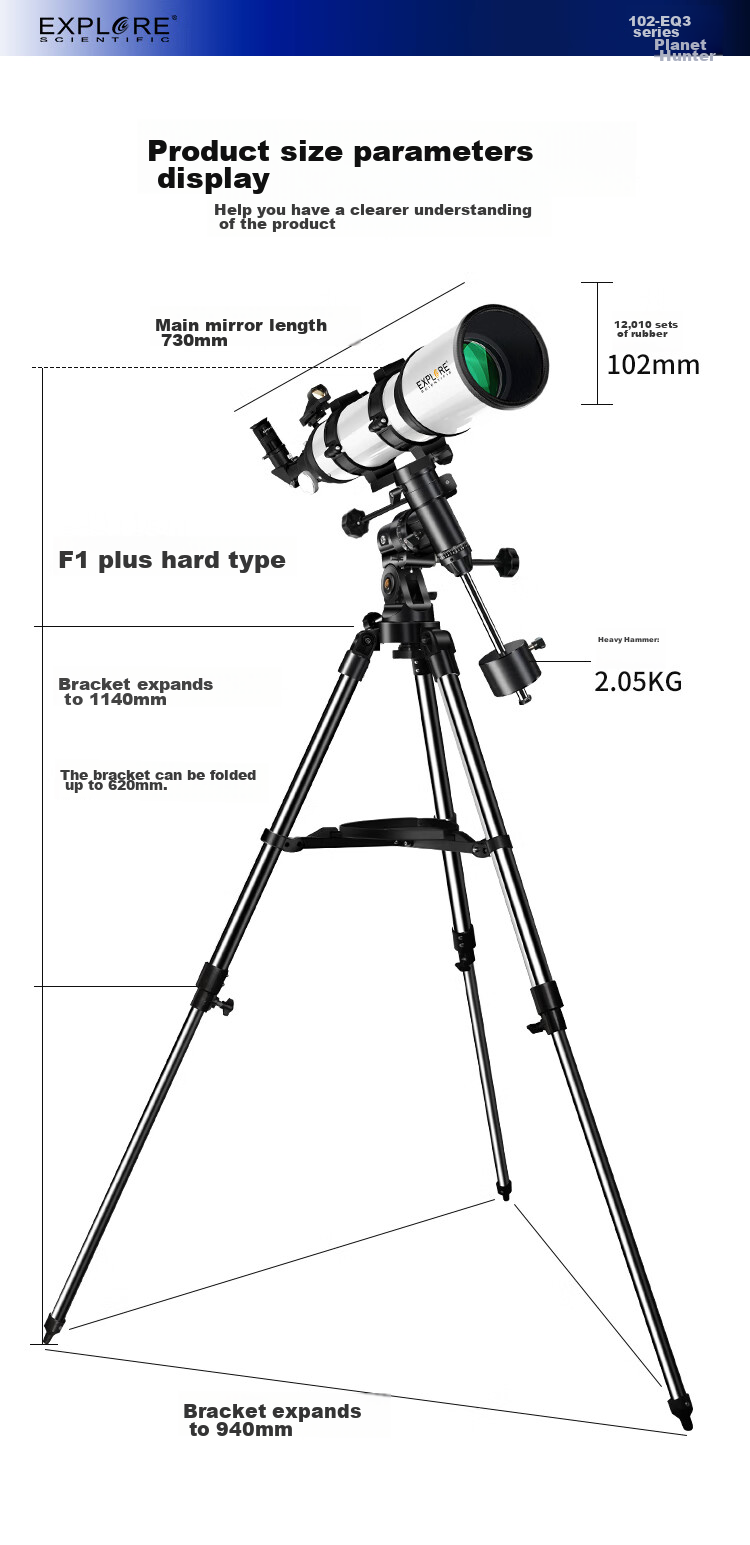 EXPLORE SCIENTIFIC Astronomical Telescope for Deep Space Stargazing, High Definition, High Magnification 10000x, Space Student Telescope 102eq 22