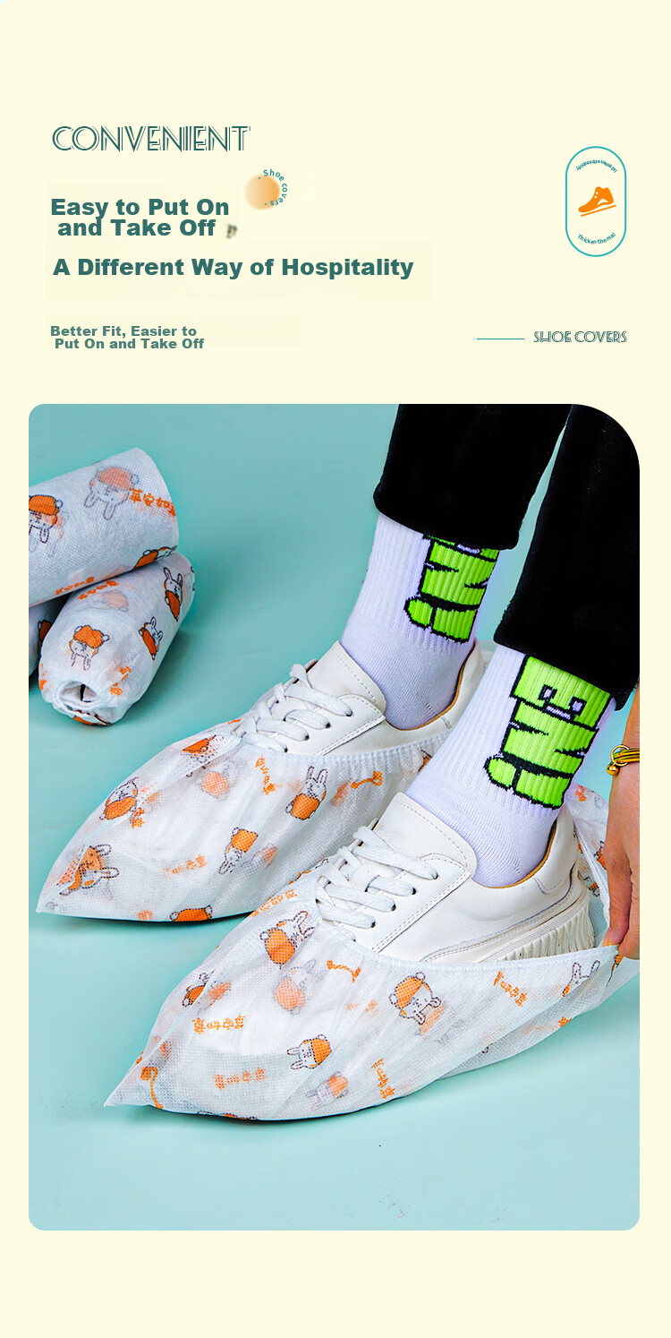 YOUAO Disposable Shoe Covers, 100-Pack, Thick Non-Woven Cartoon Shoe Covers, Wear-Resistant, Non-Slip, One Size Fits All 8