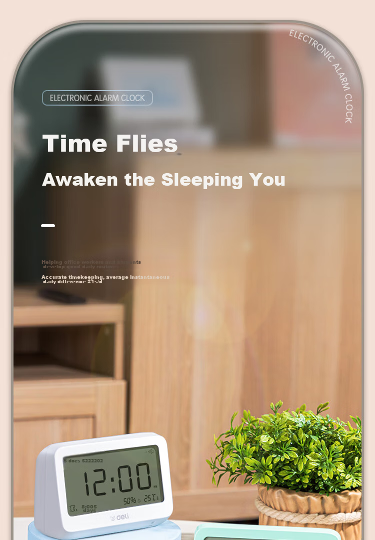 Deli Multifunctional Electronic Alarm Clock, Thermometer And Time Management, Student Back-To Bedroom, Green-LE103 1
