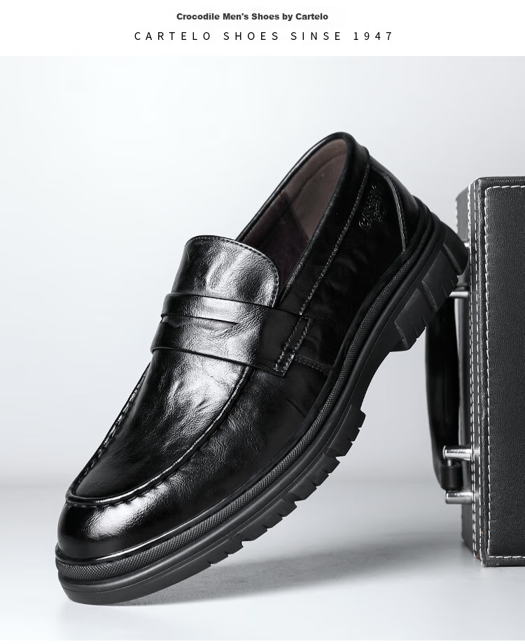 CARTELO Men's Loafers, Leather Shoes, Business Casual Shoes, Breathable Soft Leather Slip-On Shoes, Model 9925, Black, Size 39 11