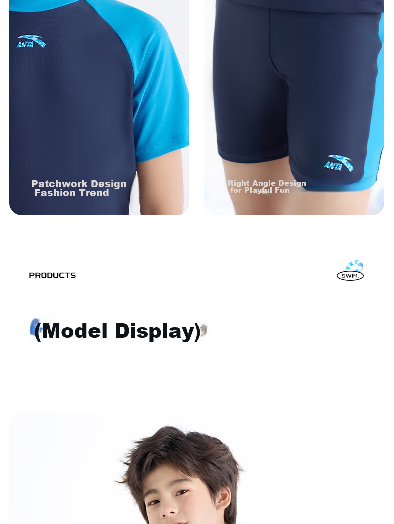 ANTA Children's Two-Piece Swimsuit for Boys, 2024 New Style, Big Kids Swim Trunks, Sun Protection Professional Swimming Set, Sky Blue, Size 170 14