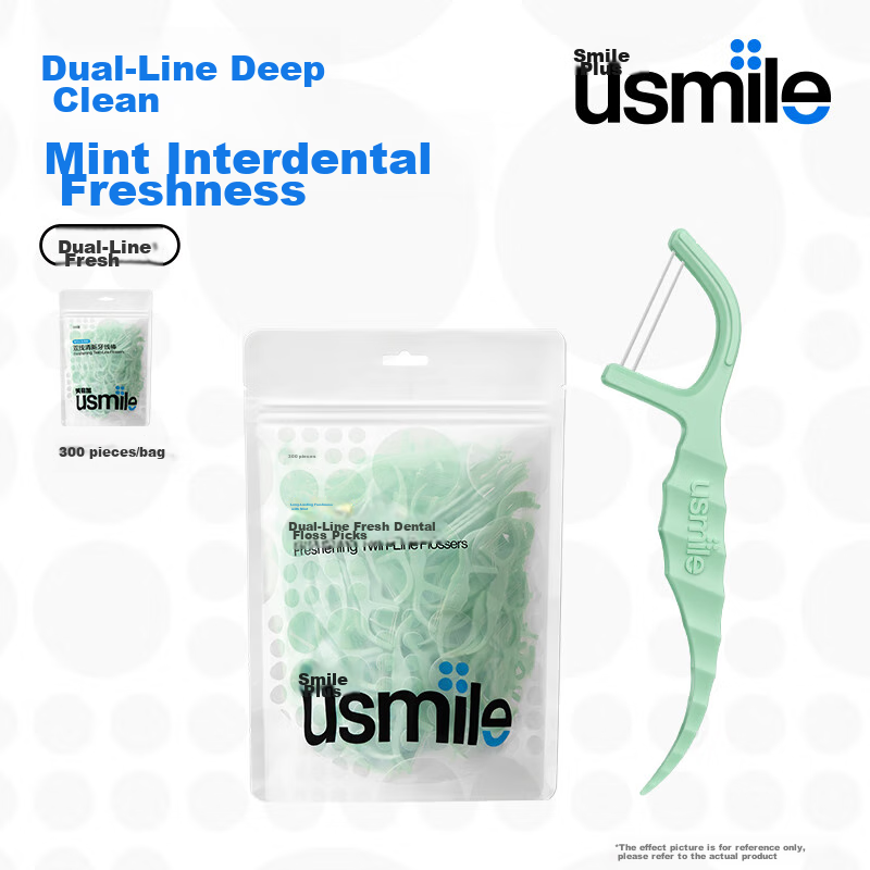 Usmile Dental Floss Picks (Double Line Fresh) 300 Pieces/Pack Comfortable Teeth Cleaning Ultra-Thin Toothpicks