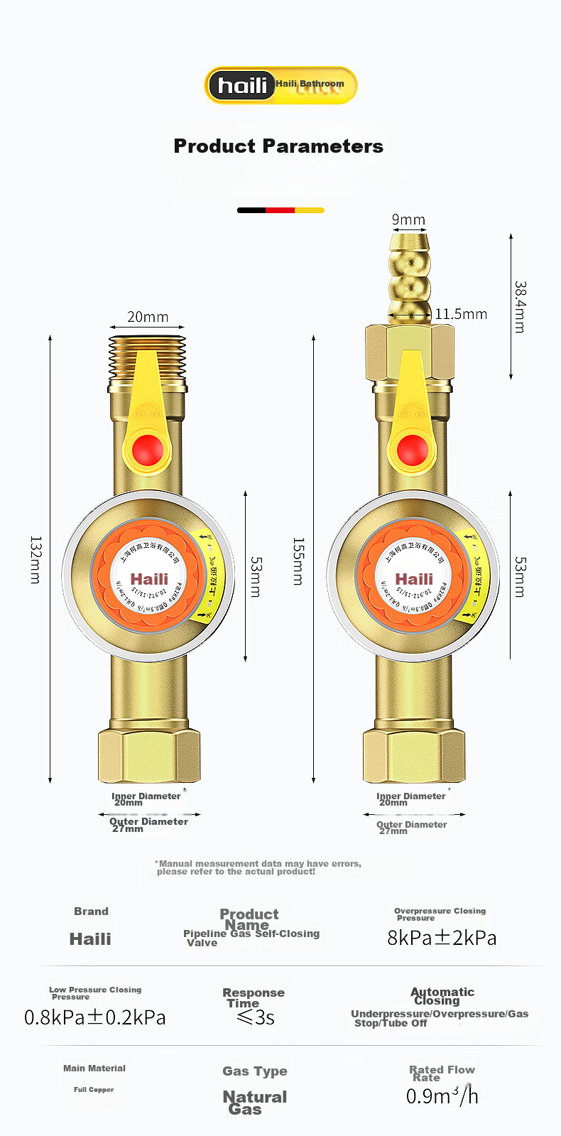 Haili 0.9 Gas Self-Closing Valve, Natural Gas Household Stove, Automatic Gas Leak Shut-Off, Thickened Copper Gas Safety Valve RT 19