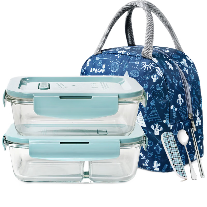 Demasi Heat-Resistant Glass Food Storage Container, Microwave-Safe Lunch Box for Office Workers, Blue Long 1000 + Divider 1000 + Bag + Tableware