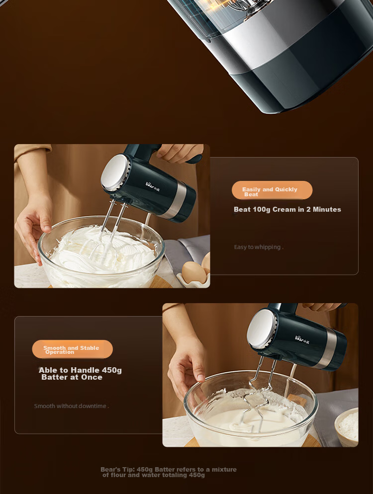 Bear Egg Beater, 304 Stainless Steel Whisk, Household Electric Egg Beater, Mini Cream Whipper, Handheld Automatic Mixer for Baking, DDQ-F01K3 4