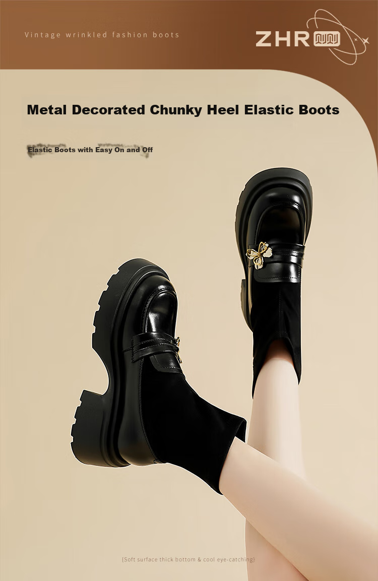 ZHR Elastic Socks And Boots for Women, Academic Style, Fleece-Lined Chunky Heel Loafers, Height-Increasing Short Boots for Women, AH579A, Black, Size 35 1