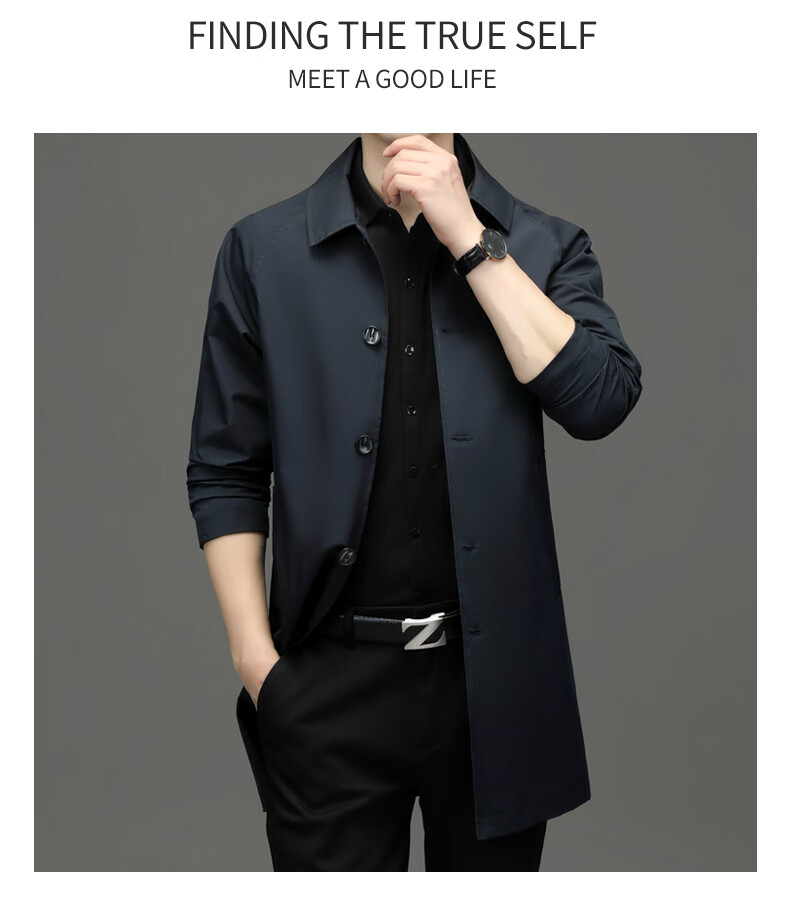 ROMON Men's Trench Coat, Spring And Autumn Business Casual Mid-Length Overcoat, Outerwear Jacket D-2021 Black XL 17