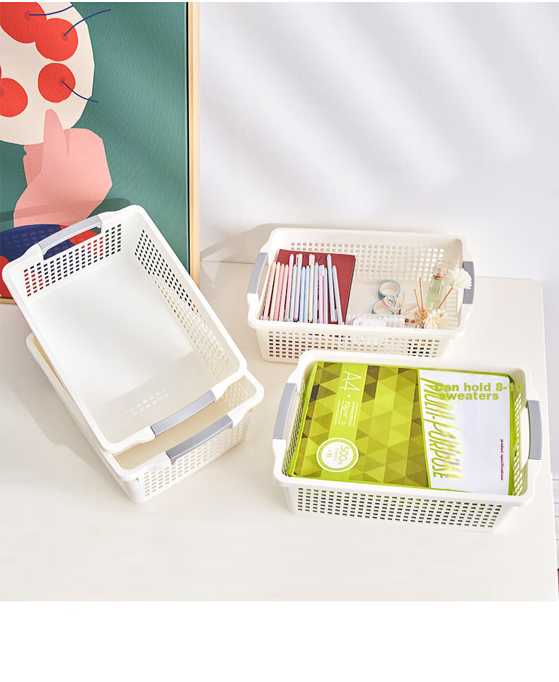 JEKO&JEKO Japanese Plastic Storage Basket, Bathroom Organizer, Toy And Office File Storage Basket, Medium Size, White, Pack of 4 16