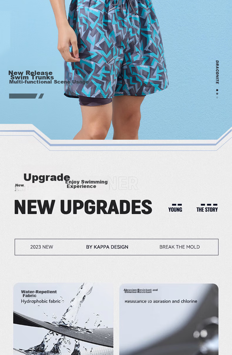 Li-Ning Swimming Trunks for Men, Anti-Embarrassment Knee-Length Double-Layer Swim Shorts, Comfortable High-Elasticity Beach Shorts for Seaside Vacation, 200 Blue-Gray XL 3