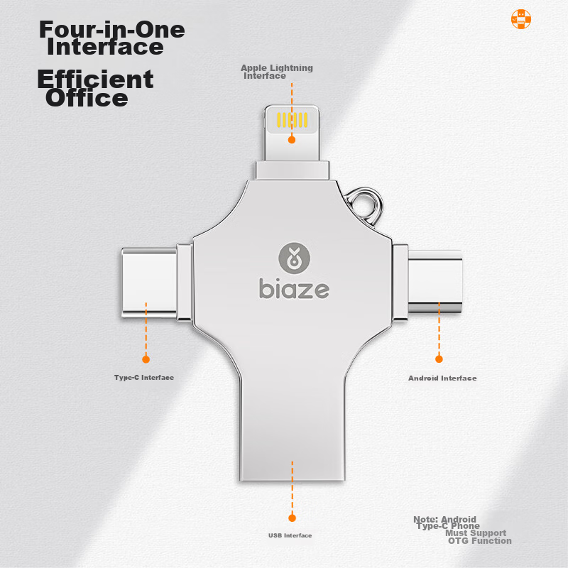 BIAZE 128GB Four-In Lightning Phone Flash Drive, Type-C USB3.0, Compatible with Huawei, Android, Apple, Large Capacity Dual-Use Thumb Drive for Computer And Phone