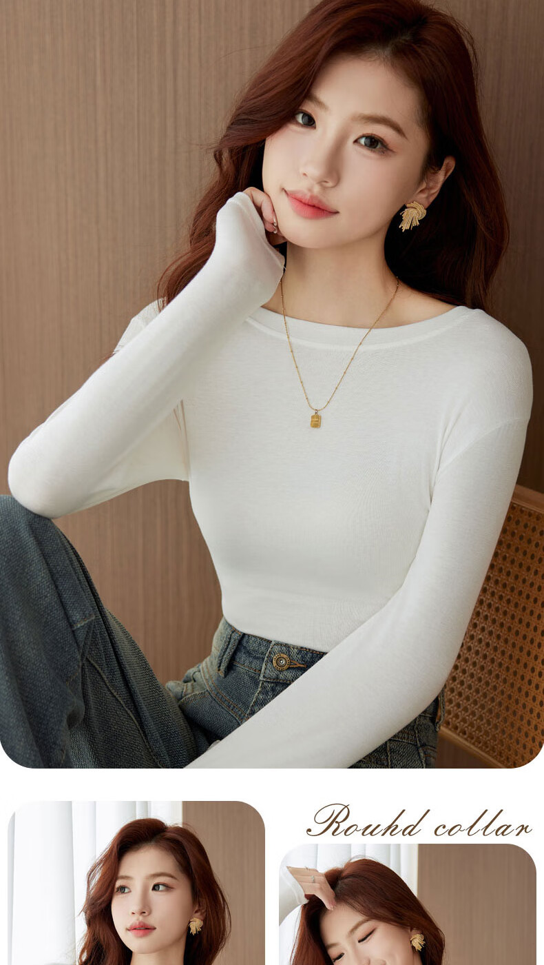 LangSha Women's Spring and Autumn Long Sleeve Slim Fit Round Neck Basic T-Shirt Simple Solid Color Slimming Chest-Enhancing Base Top 6