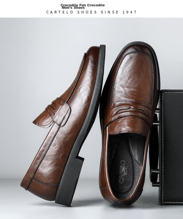 CARTELO Men's Leather Shoes, Soft-Soled Slip-On Business Casual Shoes, Loafers, Breathable Slip-On Leather Shoes for Men, 9906 Brown, Size 44 17