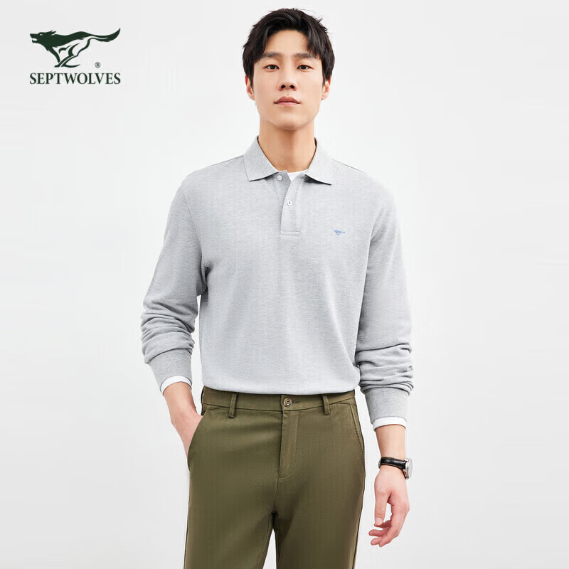SEPTWOLVES Men's Long-Sleeve Polo Shirt with Collar, Antibacterial, Temperature-Resistant, Color-Fast, Multi-Colored Wolf Logo, Business Casual Breathable POLO Top