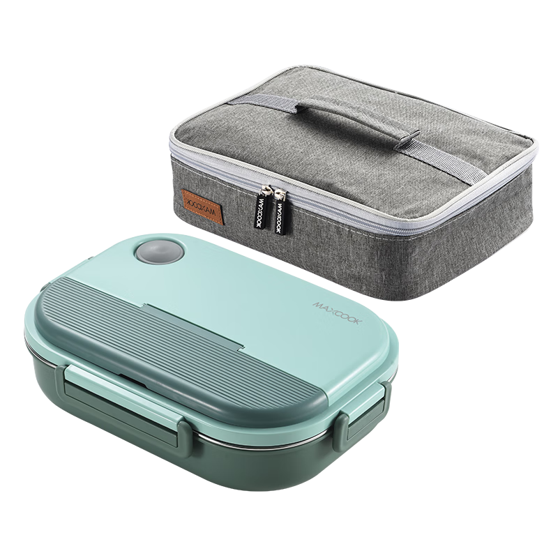 MAXCOOK 304 Stainless Steel Lunch Box, Microwave-Safe 4-Compartment Insulated Student Lunch Box with Utensils And Bag, Green MCFT4160