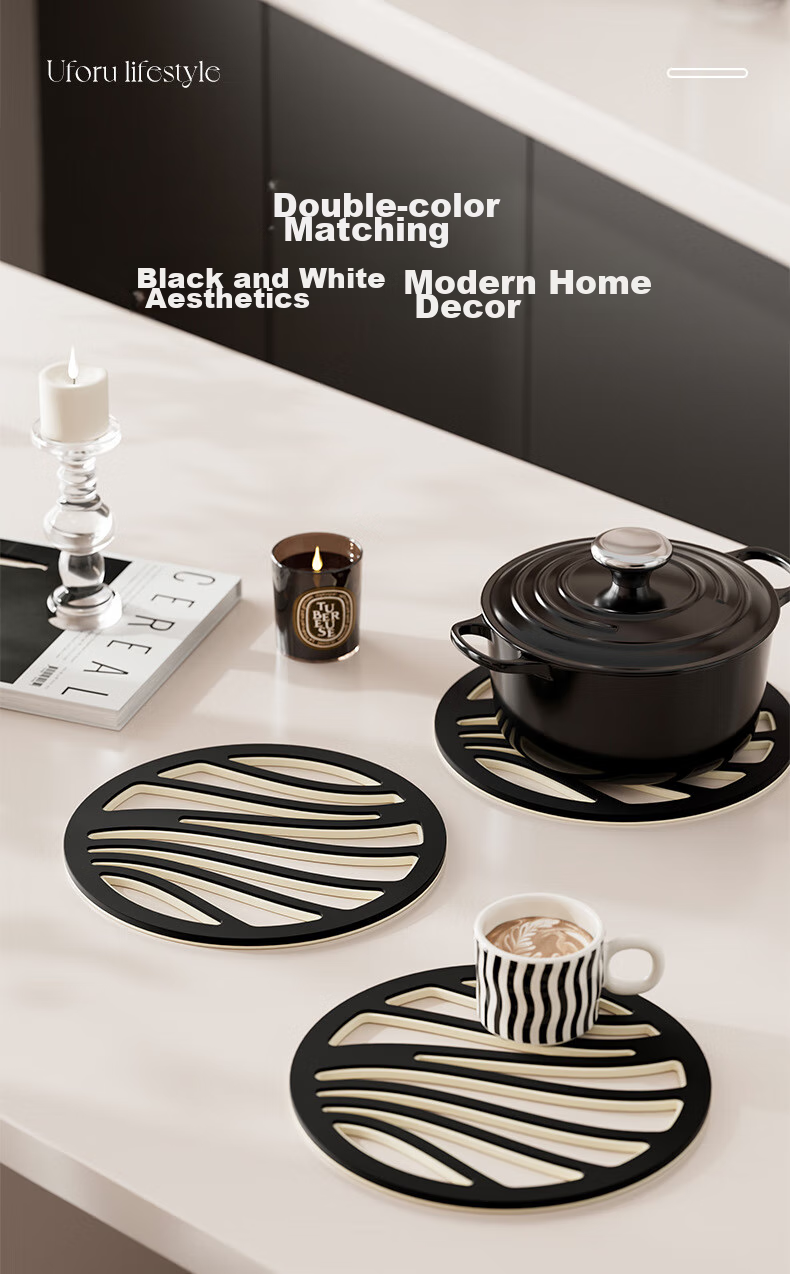 Jingxun Thick Heat-Resistant Mat Double-Layer Anti-Scalding Pad Kitchen Dining Table Bowl Plate Non-Slip Coaster Tea Cup Holder Black And White Spliced 3-Pack Set 2