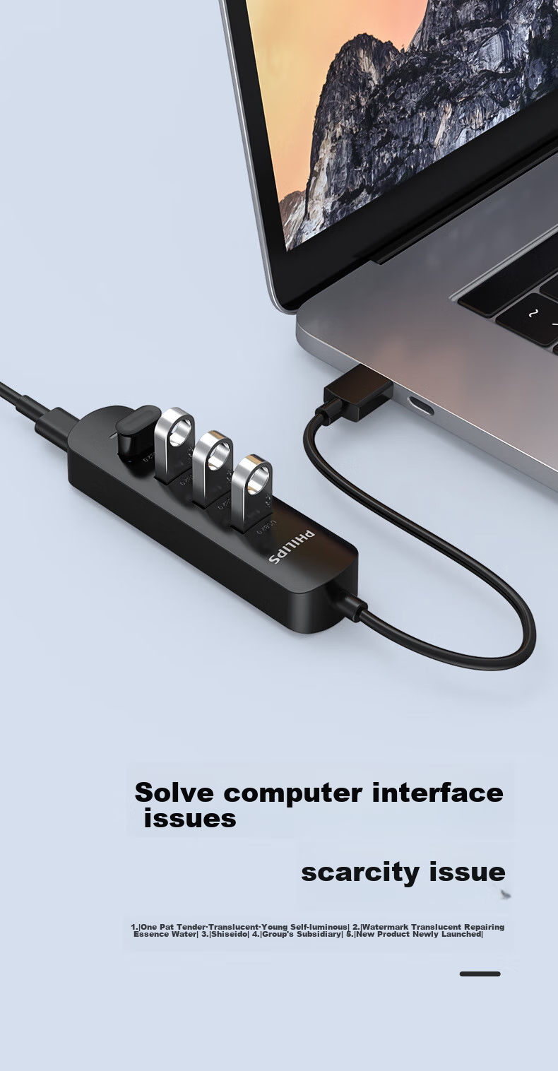 PHILIPS USB Hub 2.0 Four-Port Multi-Interface with External Power Supply Port, Huawei Laptop Desktop Computer 4-Port Hub Extender Converter Extension Cable, 2 Meters 3