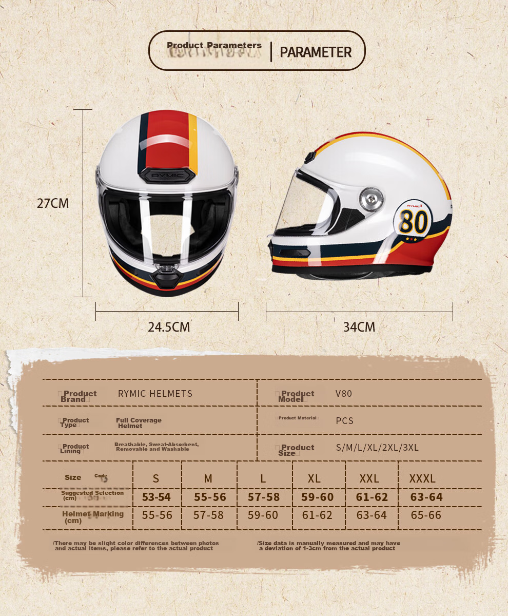 RYMIC Motorcycle Retro Full-Face Helmet, 3C Certified, for Men And Women, All-Season Riding Helmet, V80 Bright Moon White, 3XL 13
